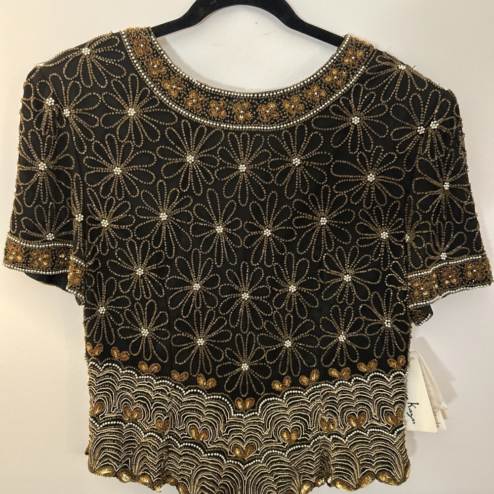 Vintage Lawrence Kazar Beaded Formal Silk Top Blouse Women's XL NWT Bling Glam